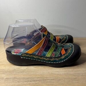 Elite by Corkys Clog Mule Sandal Hand-Painted 6 Rainbow Floral Straps Colorful